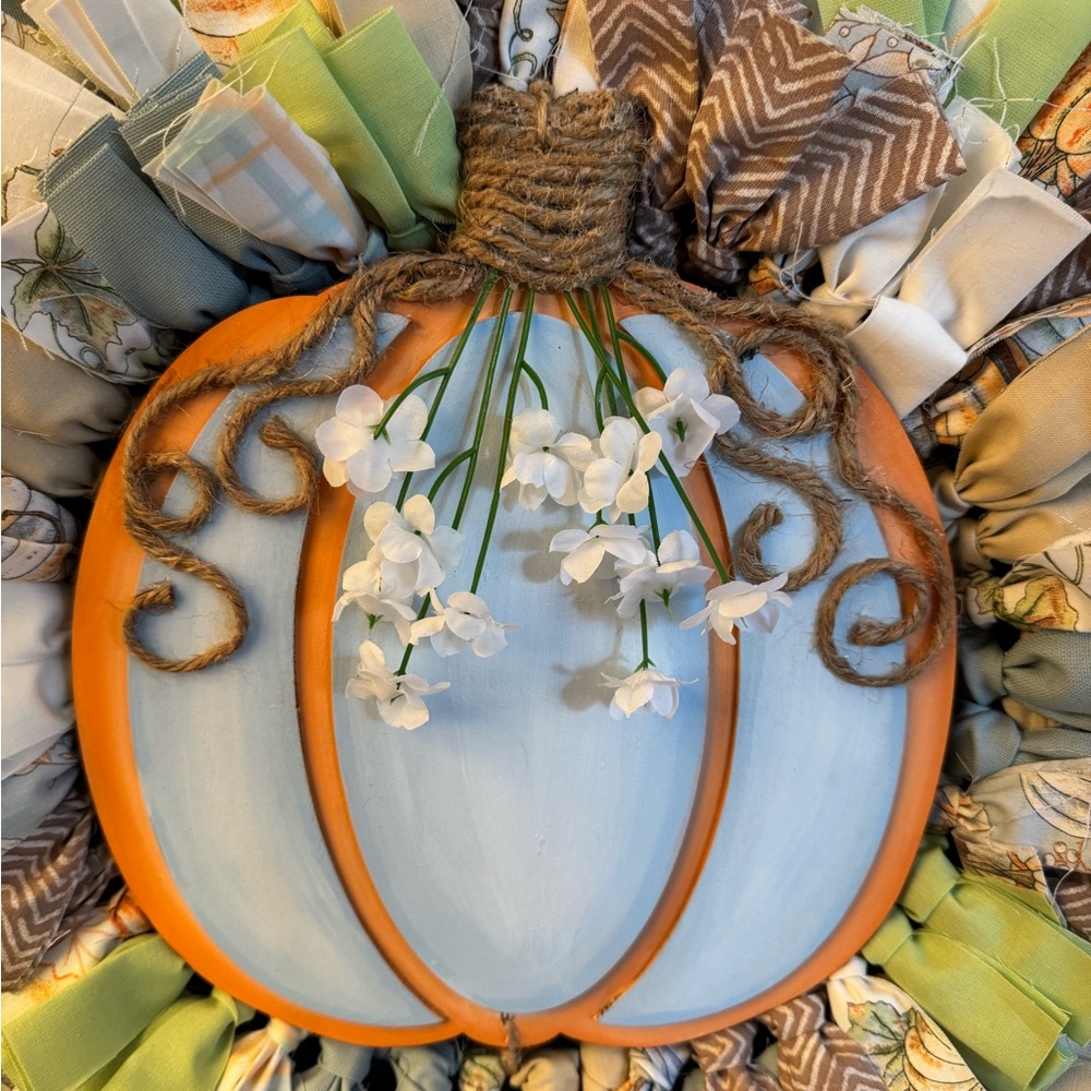 Fall Pumpkin Rag Wreath - Picture 2 of 6
